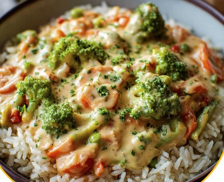 Schüssel mit Reis und Gemüse-Cremekäse-Sauce als gesunde Mahlzeit.