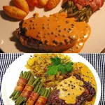 Rinderfilet mit grüner Pfeffersahnesoße auf einem Teller angerichtet