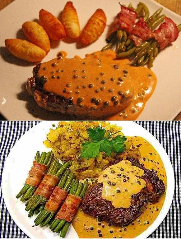 Rinderfilet mit grüner Pfeffersahnesoße auf einem Teller angerichtet