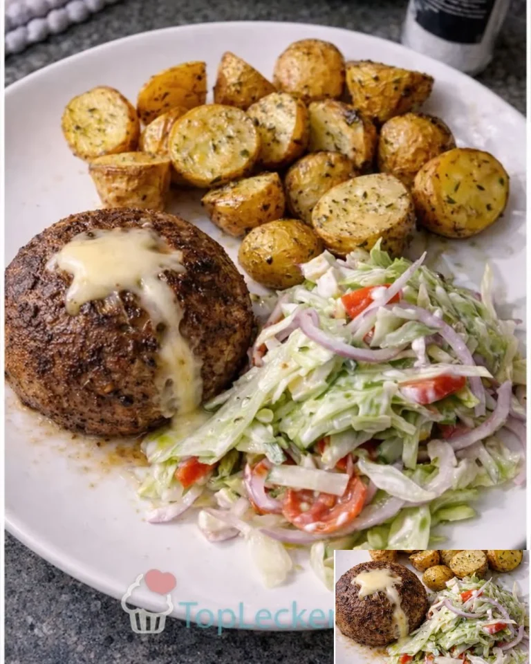 Rinderfrikadelle mit Ofenkartoffeln und Krautsalat auf einem Teller serviert