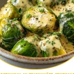 Rosenkohl in Frischkäse-Senfsauce auf einem Teller serviert.