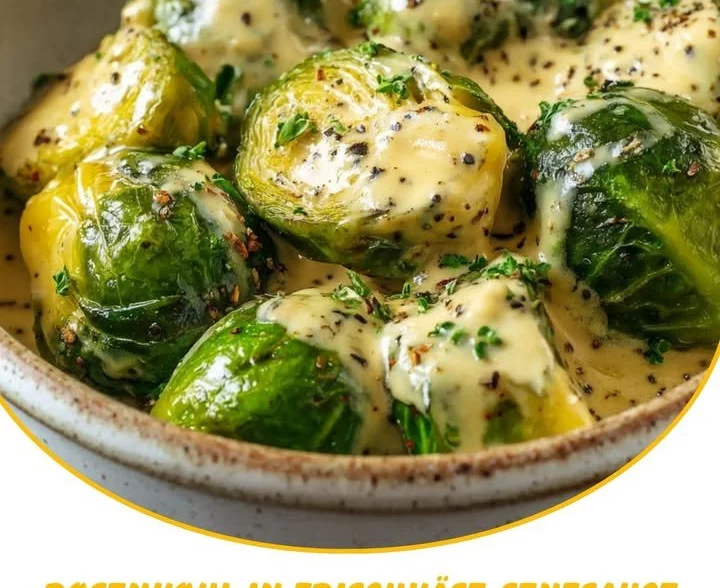 Rosenkohl in Frischkäse-Senfsauce auf einem Teller serviert.