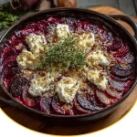 Rote-Bete-Gratin mit Ziegenkäse auf einem Teller serviert
