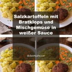 Salzkartoffeln mit Bratklops und Mischgemüse in einer cremigen weißen Sauce.