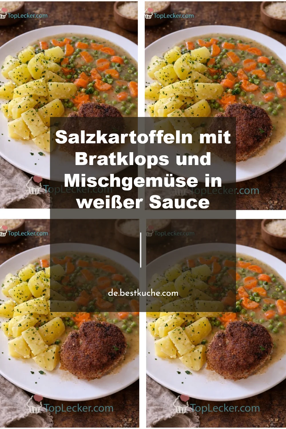 Salzkartoffeln mit Bratklops und Mischgemüse in weißer Sauce