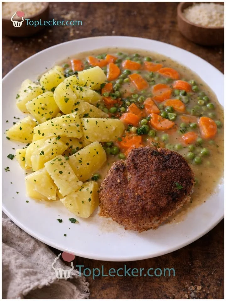 Salzkartoffeln mit Bratklops und Mischgemüse in weißer Sauce