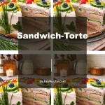 Leckere Sandwich-Torte mit verschiedenen Füllungen und Schichten auf einem Tisch.