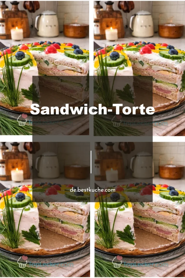 Leckere Sandwich-Torte mit verschiedenen Füllungen und Schichten auf einem Tisch.