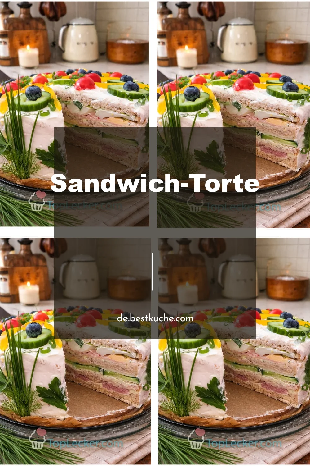 Leckere Sandwich-Torte mit verschiedenen Füllungen und Schichten auf einem Tisch.