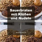 Sauerbraten mit Klößen und Nudeln auf einem Teller serviert.
