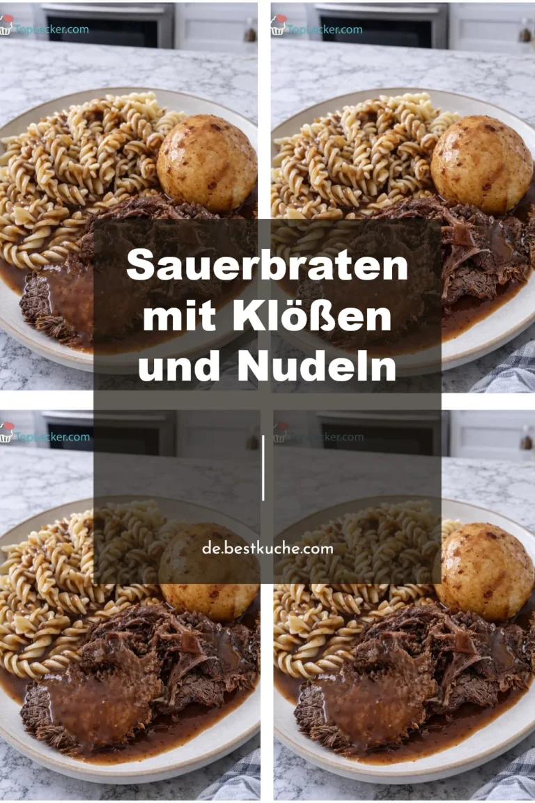 Sauerbraten mit Klößen und Nudeln auf einem Teller serviert.