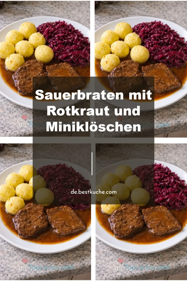 Sauerbraten serviert mit Rotkraut und Miniklöschen auf einem rustikalen Tisch