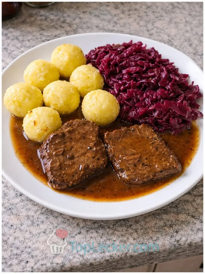 Sauerbraten mit Rotkraut und Miniklöschen