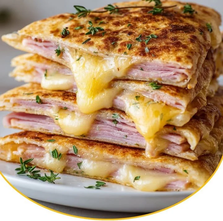 Schinken-Käse-Taschen frisch aus dem Airfryer auf einem Teller serviert.