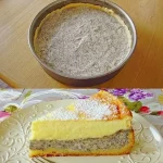 Schmandkuchen mit Mohn auf einem Teller serviert