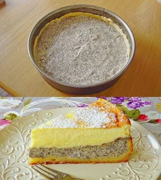 Schmandkuchen mit Mohn auf einem Teller serviert