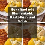 Schnitzel mit Blumenkohl, Kartoffeln und Soße auf einem Teller serviert