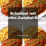 Schnitzel mit Paprika-Zwiebel-Soße auf einem Teller serviert