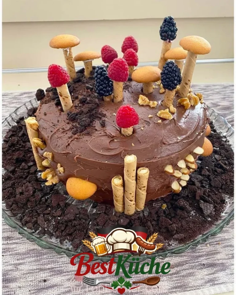 Schoko-Waldkuchen auf einem Teller, garniert mit Schokolade und Beeren.