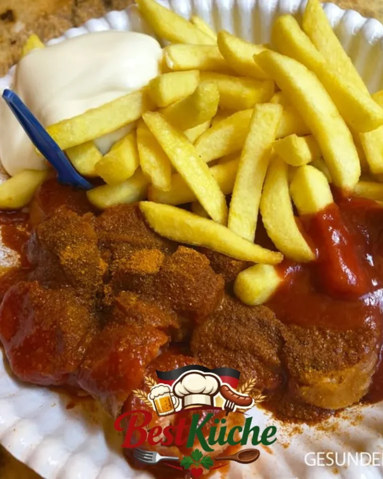 Selbstgemachte Currywurst mit Pommes - ein klassisches deutsches Gericht