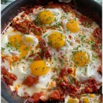 Ein köstliches Gericht Shakshuka aus der Pfanne mit Eiern und Gewürzen.