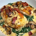 Spinat-Hähnchen mit Champignons in Knoblauchsauce serviert auf einem Teller