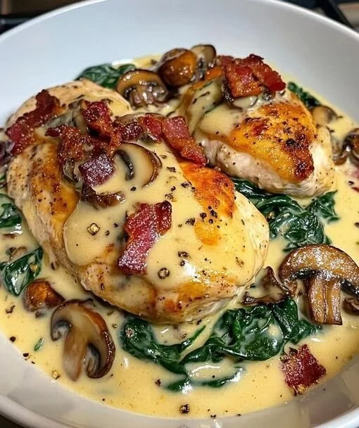 Spinat-Hähnchen mit Champignons in Knoblauchsauce