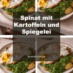 Spinat mit Kartoffeln und Spiegelei auf einem Teller angerichtet