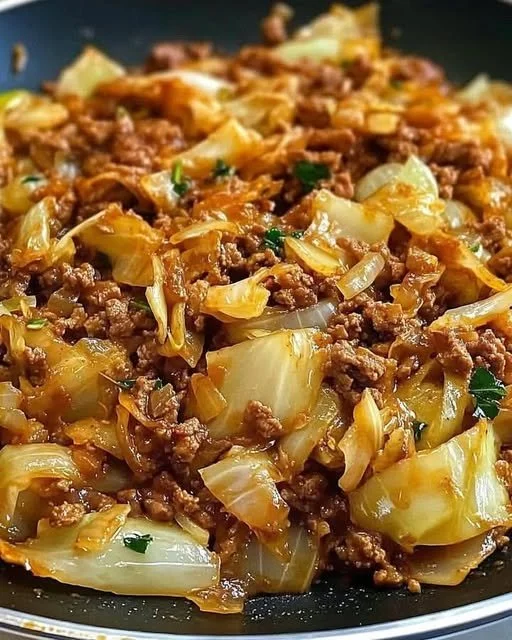 Leckere Spitzkohlpfanne mit Hackfleisch auf einem Teller serviert.