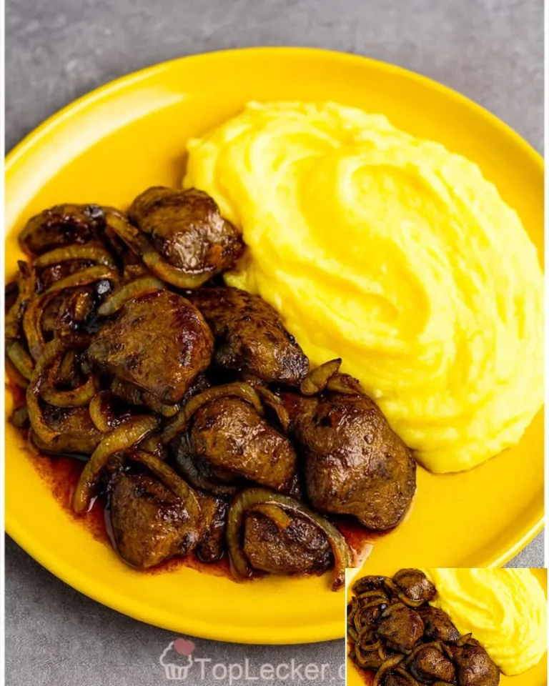 Hühnerleber mit Kartoffelpüree auf einem Teller serviert