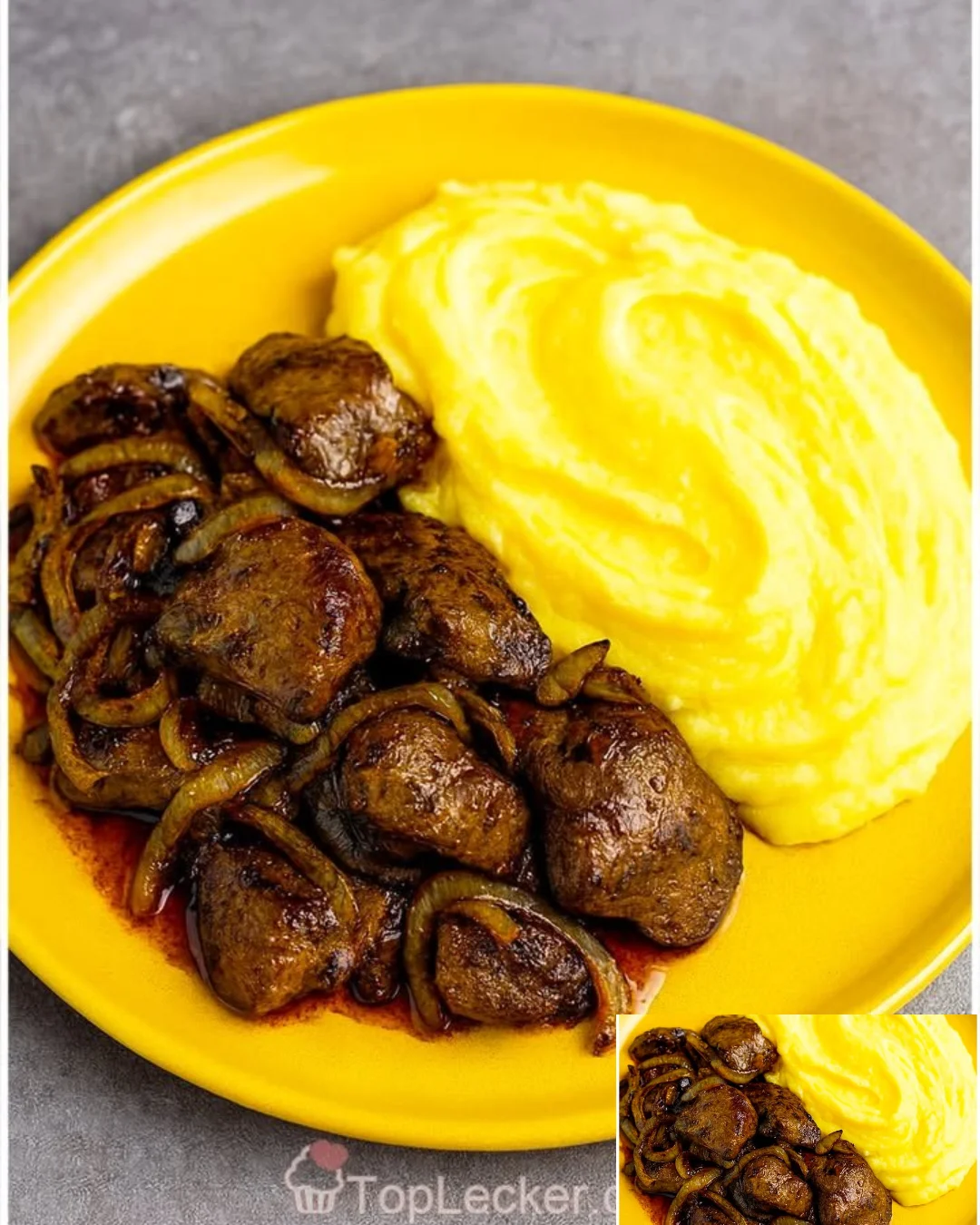 The title is already in German. It translates to "Chicken liver with mashed potatoes" in English.