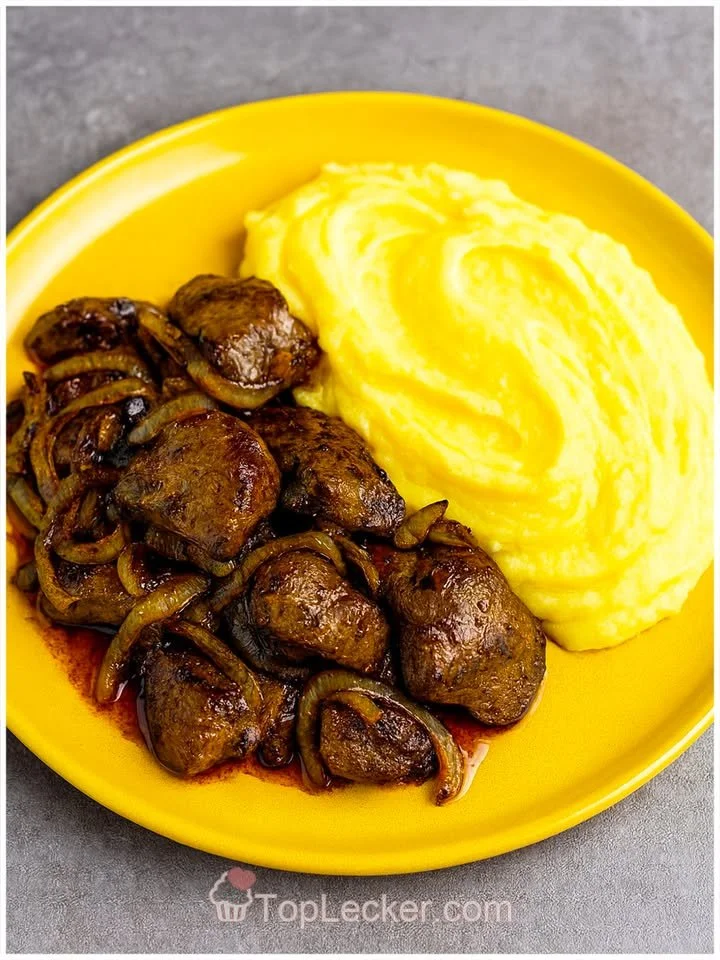 The title is already in German. It translates to "Chicken liver with mashed potatoes" in English.