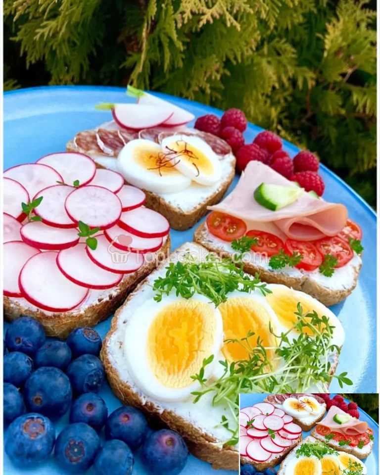 Vollkornbrot mit Frischkäse und buntem Gemüse auf einem Holzbrett