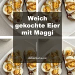 Weich gekochte Eier mit Maggi auf einem Teller serviert