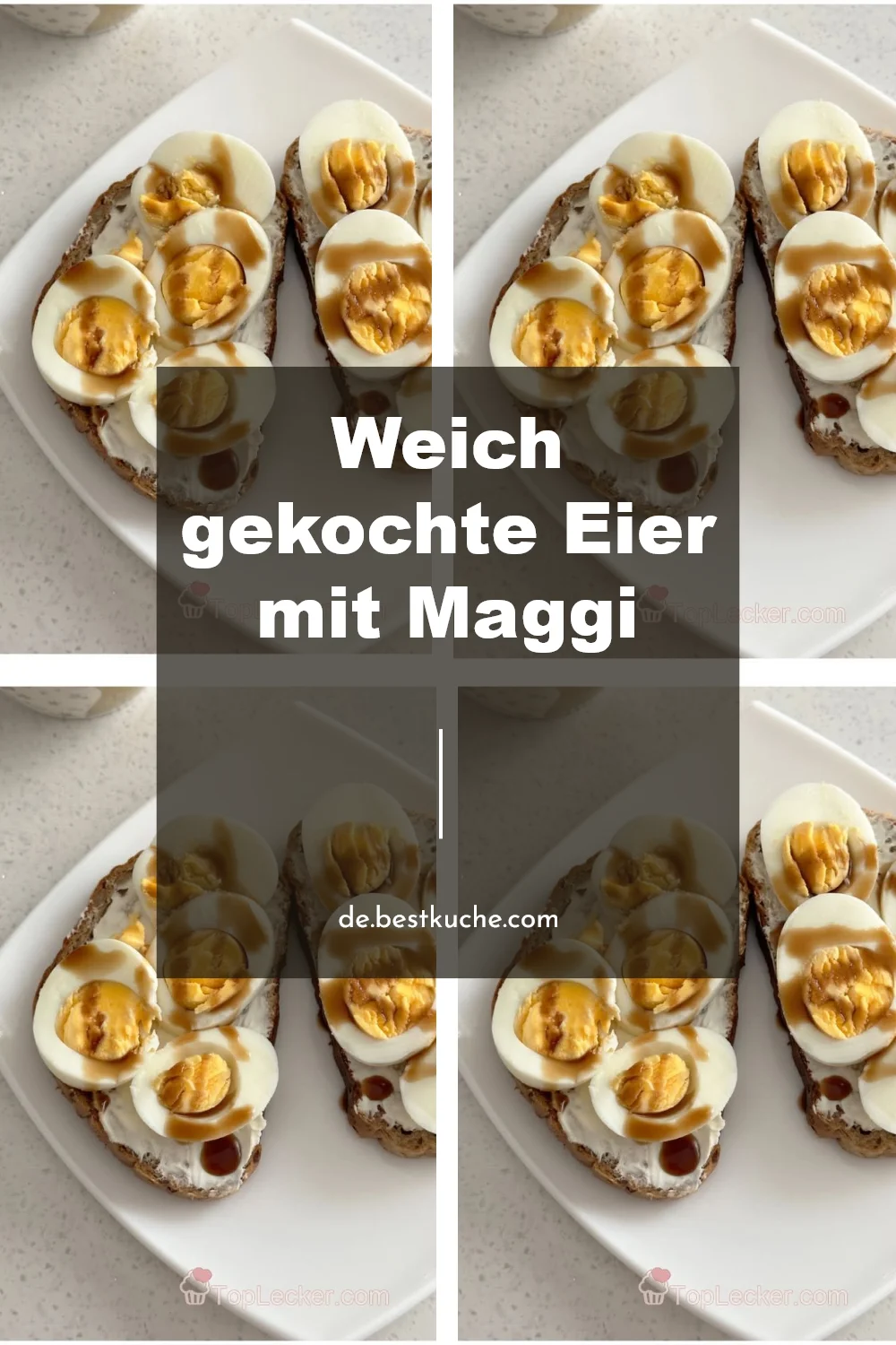 Weich gekochte Eier mit Maggi auf einem Teller serviert