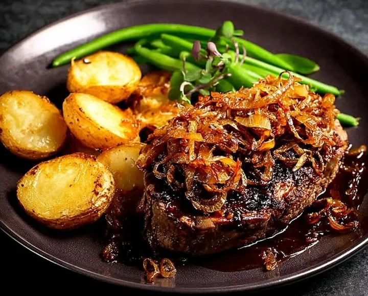 Zwiebelrostbraten mit Zwiebeln und Beilagen, traditionelles deutsches Gericht