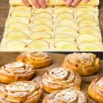 Leckeres Apfel-Blätterteig-Dessert auf einem Teller, garniert mit Puderzucker