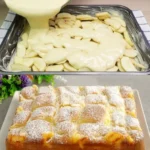 Delizioser Apfelkuchen mit Vanillepudding auf einem dekorierten Teller.