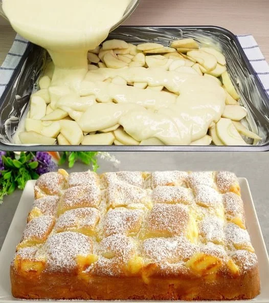 Delizioser Apfelkuchen mit Vanillepudding auf einem dekorierten Teller.