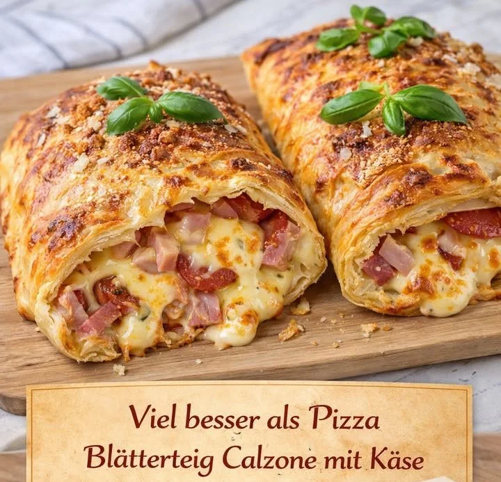 Blätterteig Calzone gefüllt mit Salami und Käse auf einem Teller serviert