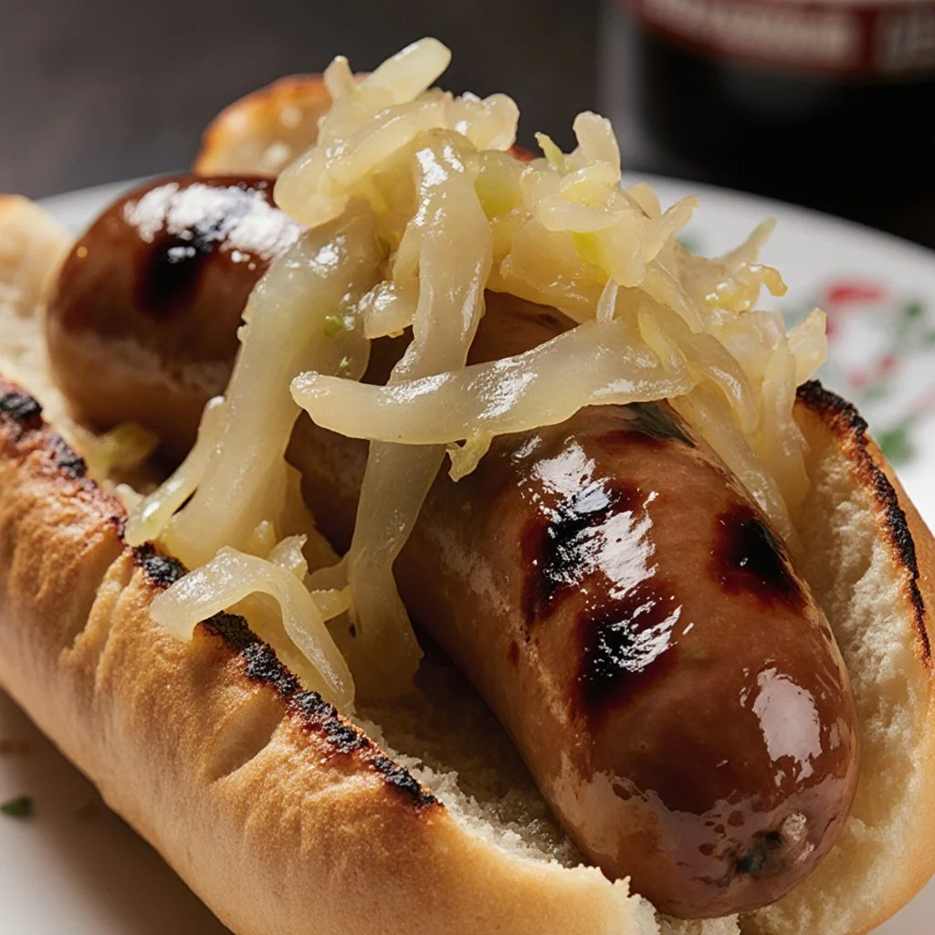 Bratwurst mit Sauerkraut auf einem Teller serviert