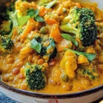 Leckeres Brokkoli-Curry mit roten Linsen auf einem Teller serviert