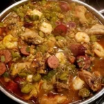Schüssel mit Cajun Gumbo, angereichert mit Meeresfrüchten und Gewürzen.