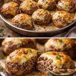 Gefüllte Champignons mit Gouda und Hackfleisch auf einem Teller