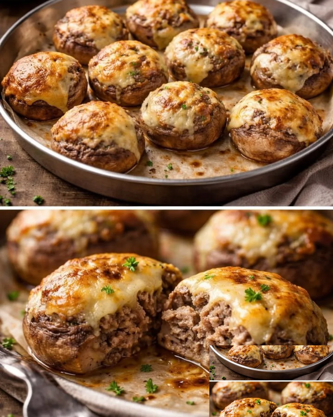 Gefüllte Champignons mit Gouda und Hackfleisch auf einem Teller