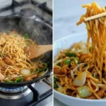 Schüssel mit verschiedenen Sorten chinesischer Nudeln und frischem Gemüse