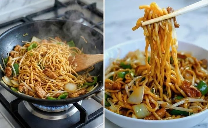 Schüssel mit verschiedenen Sorten chinesischer Nudeln und frischem Gemüse