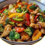 Chinesische Pfanne mit Hähnchenbrust und buntem Gemüse auf einem Teller