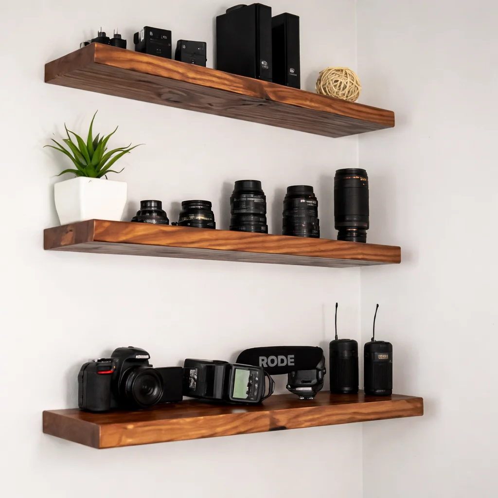 DIY floating shelves in a stylish living room setting, showcasing easy custom builds.