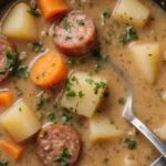Schüssel mit traditioneller deutscher Kartoffelsuppe, garniert mit frischen Kräutern